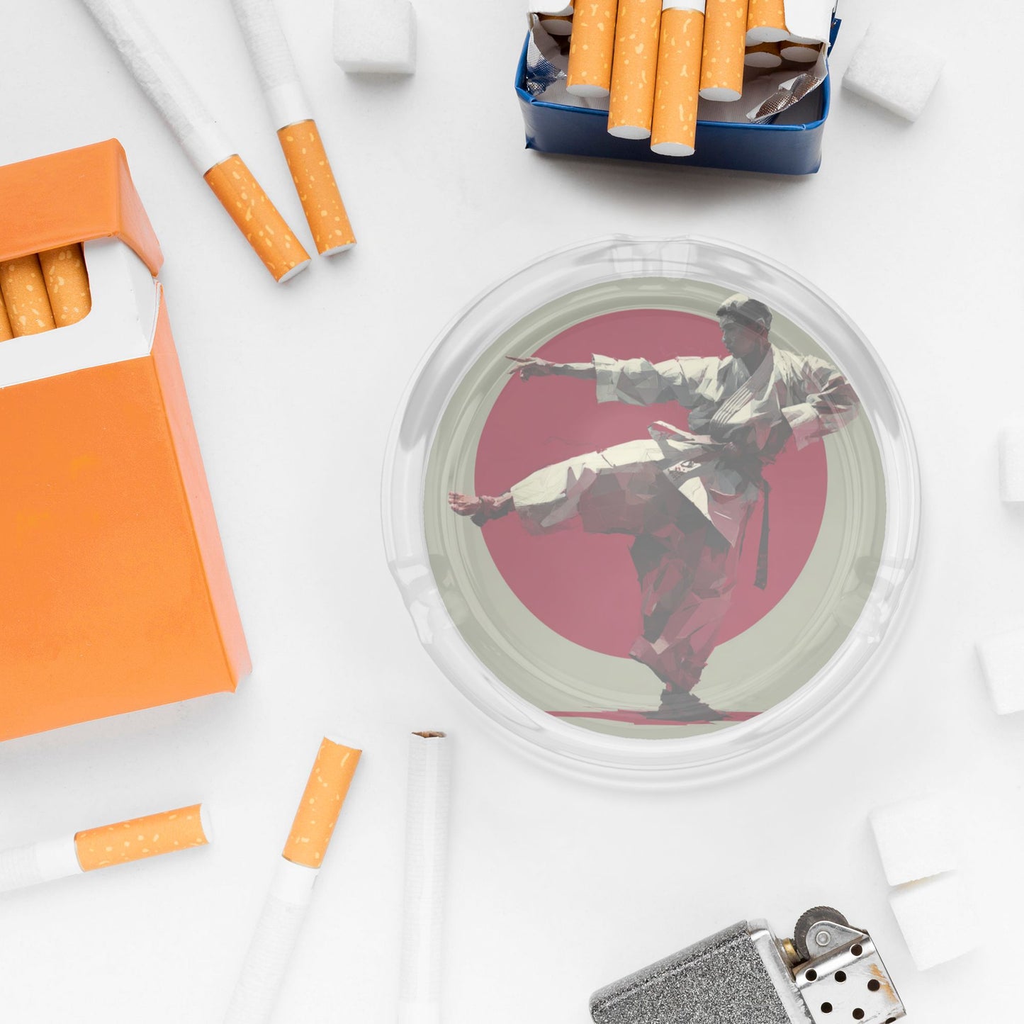 Martial Arts Printed Round Glass Ashtray, Creative Home & Office Decor Ashtray (Diameter 8.5cm)