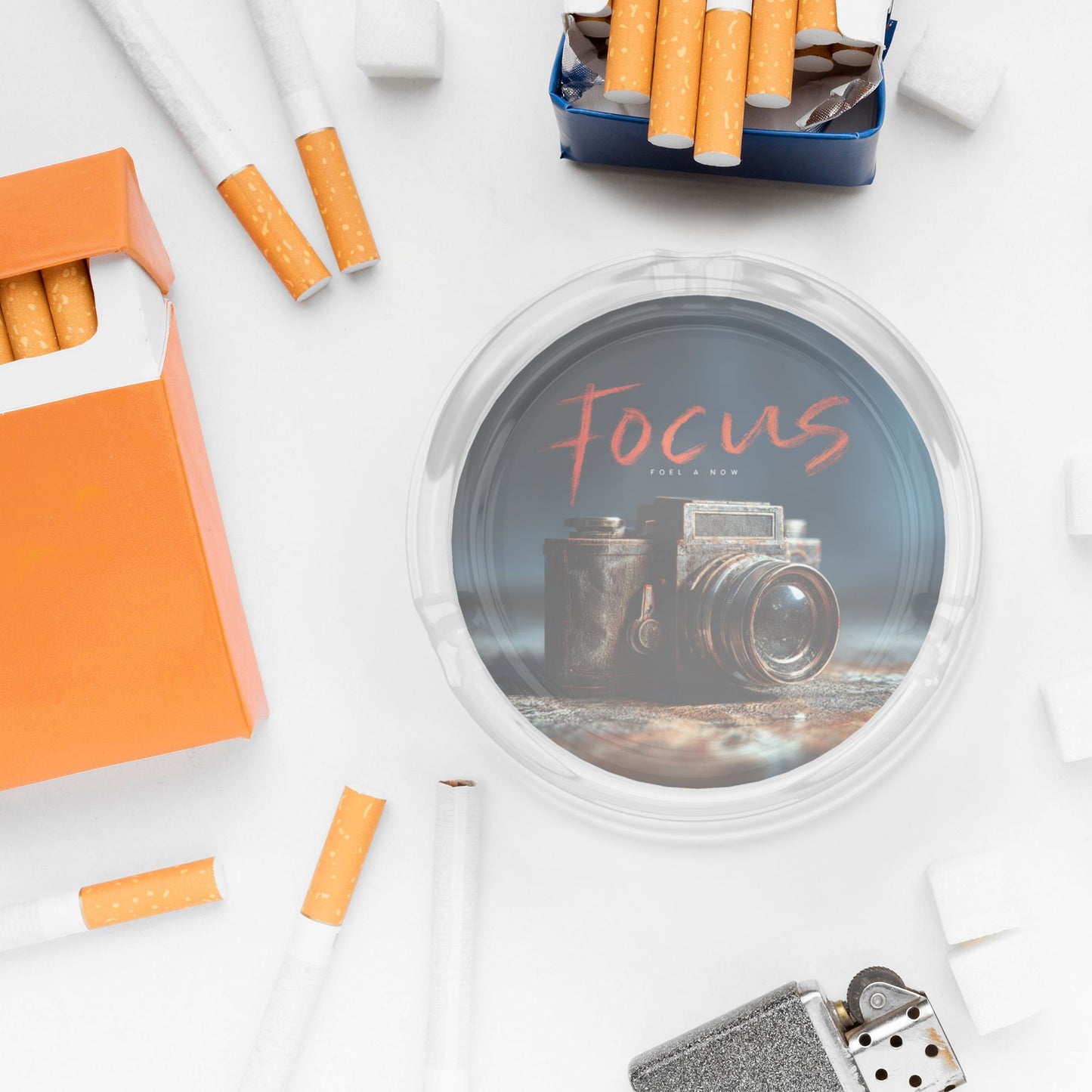 Vintage Camera Printed Round Glass Ashtray, Creative Photography - style Home & Office Decor Ashtray (Diameter 8.5cm)