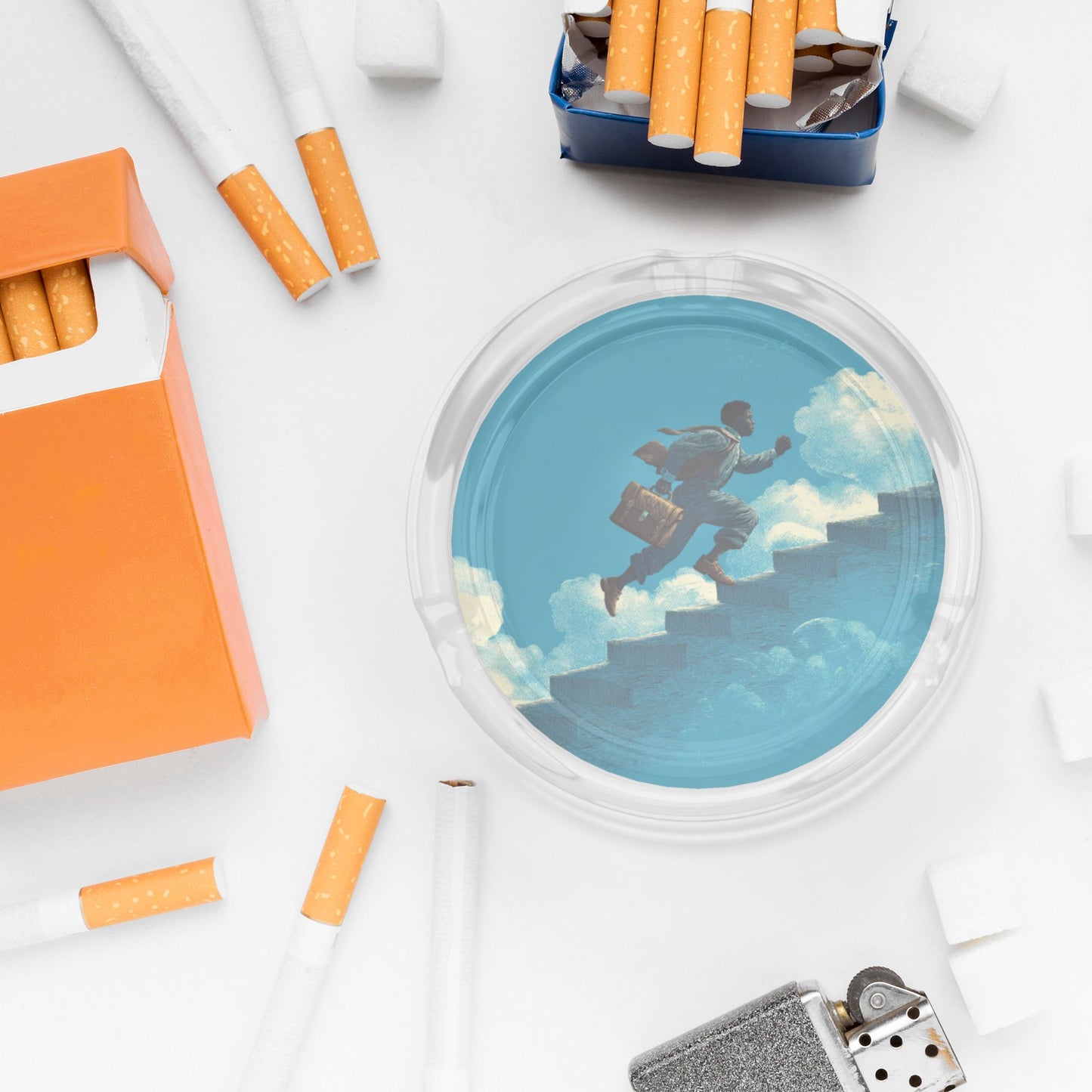 Inspirational Staircase Illustration Round Glass Ashtray, Creative Art Home & Office Decor Ashtray (Diameter 8.5cm)