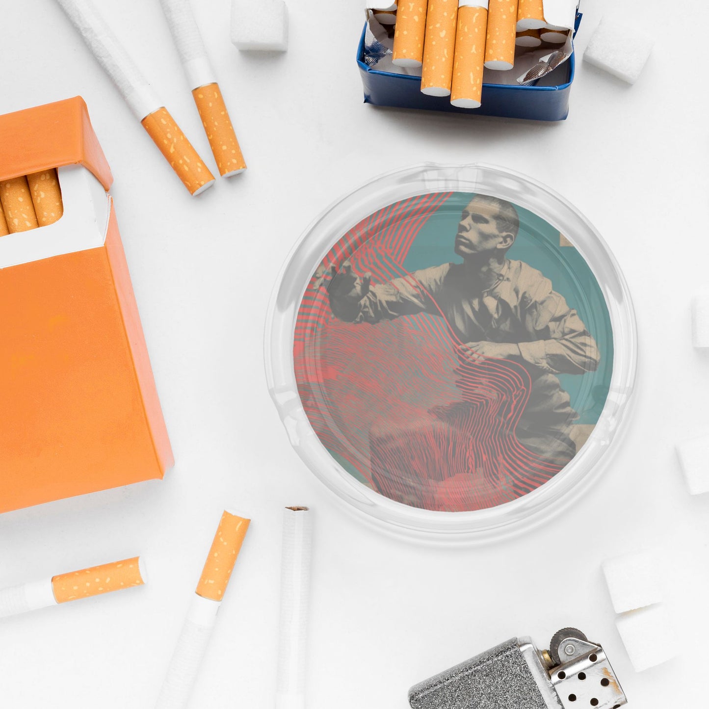 Artistic Figure Printed Round Glass Ashtray, Creative Home & Office Decor Ashtray (Diameter 8.5cm)