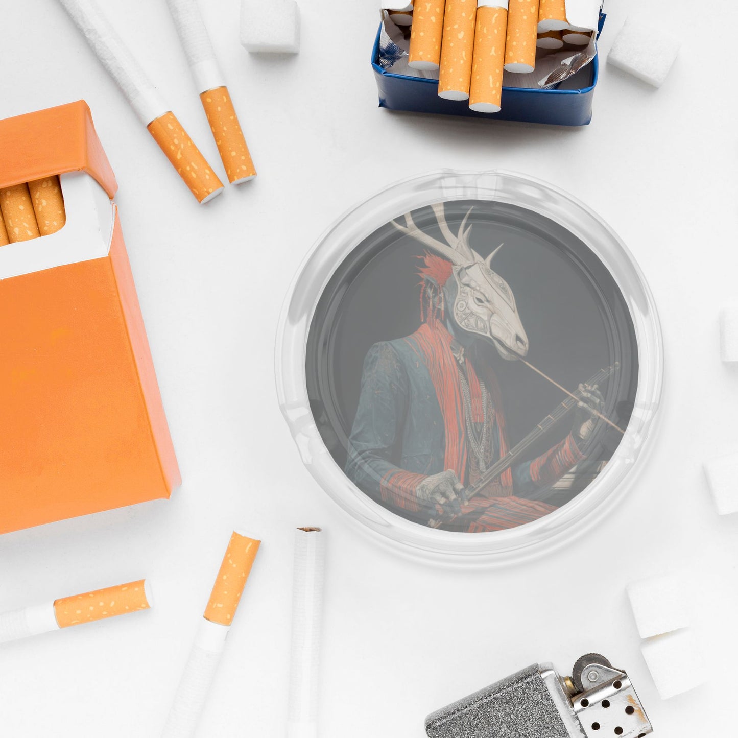 Fantasy Deer - Head Figure Printed Round Glass Ashtray, Creative Home & Office Decor Ashtray (Diameter 8.5cm)