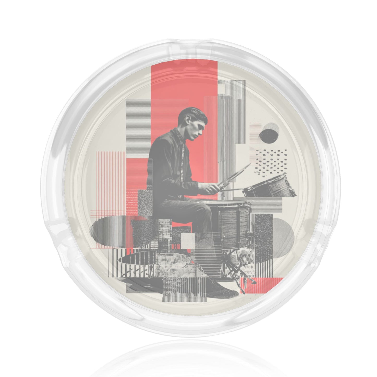 Creative Artistic Drummer Printed Round Glass Ashtray, Personalized Home & Office Decor Ashtray (Diameter 8.5cm)