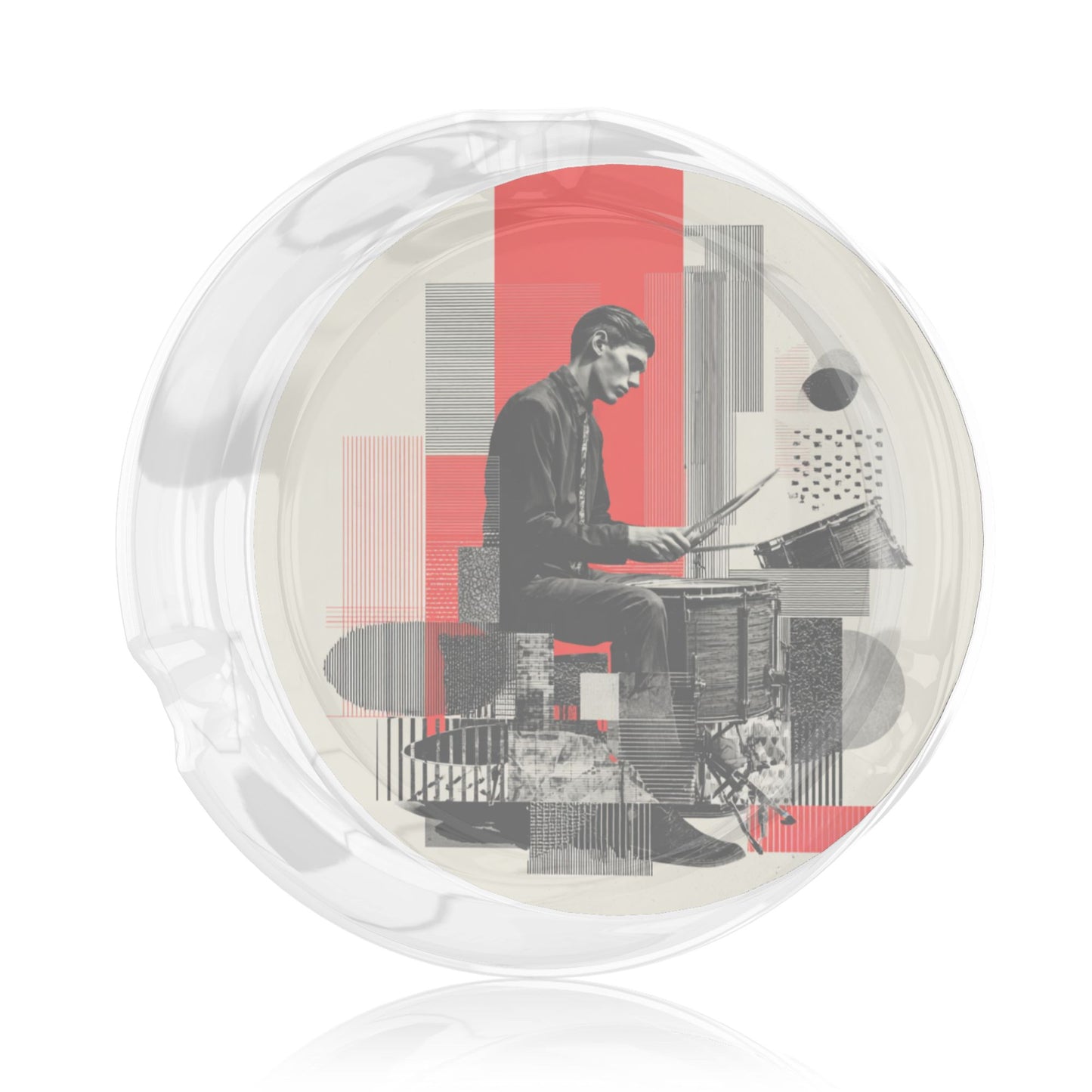 Creative Artistic Drummer Printed Round Glass Ashtray, Personalized Home & Office Decor Ashtray (Diameter 8.5cm)
