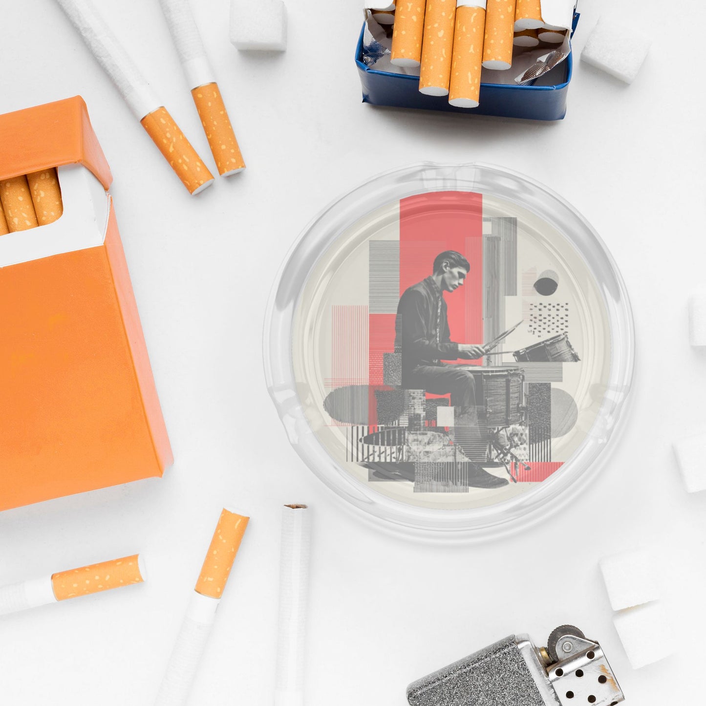 Creative Artistic Drummer Printed Round Glass Ashtray, Personalized Home & Office Decor Ashtray (Diameter 8.5cm)