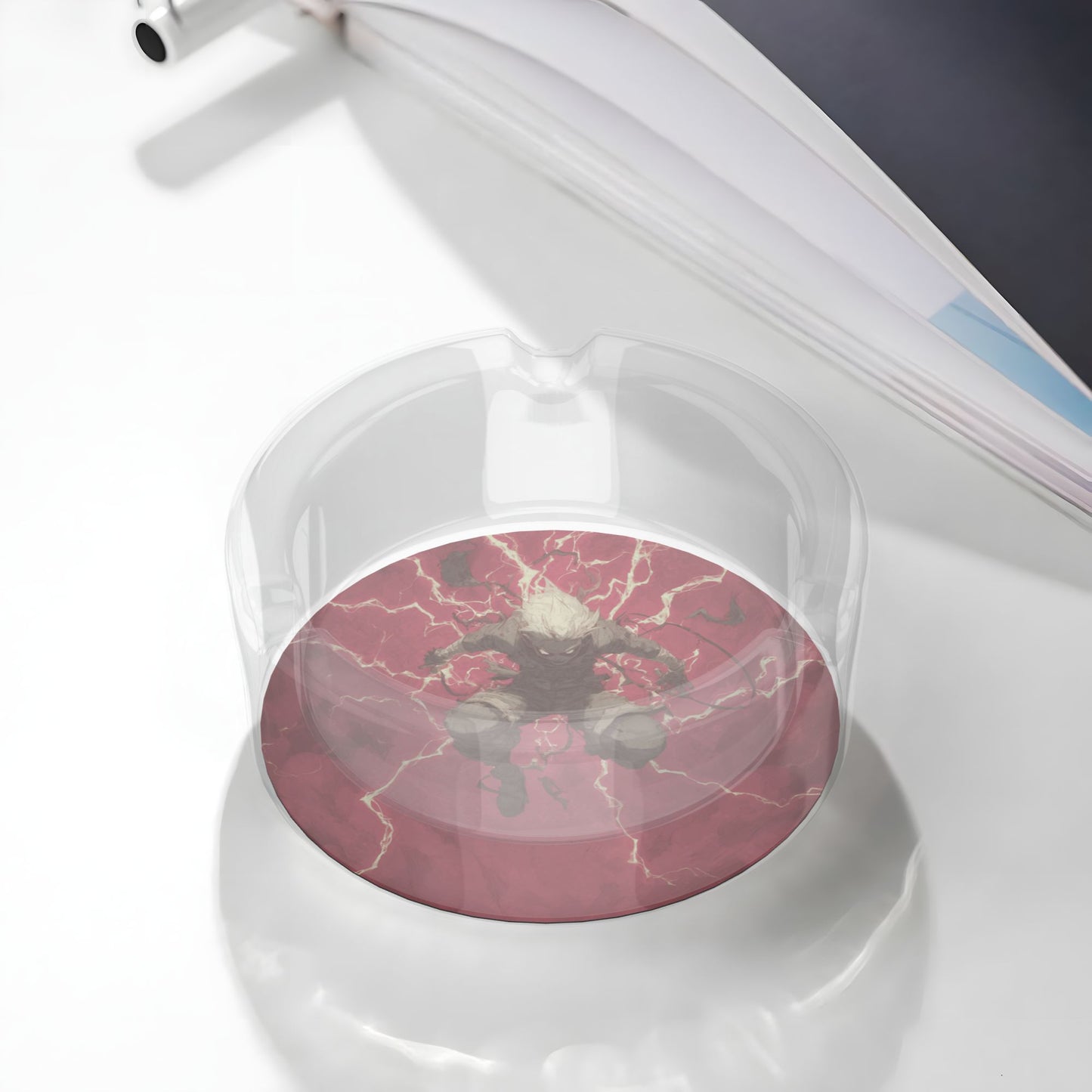 Anime Character Lightning Effect Printed Round Glass Ashtray, Creative Trendy Home & Office Decor Ashtray (Diameter 8.5cm)