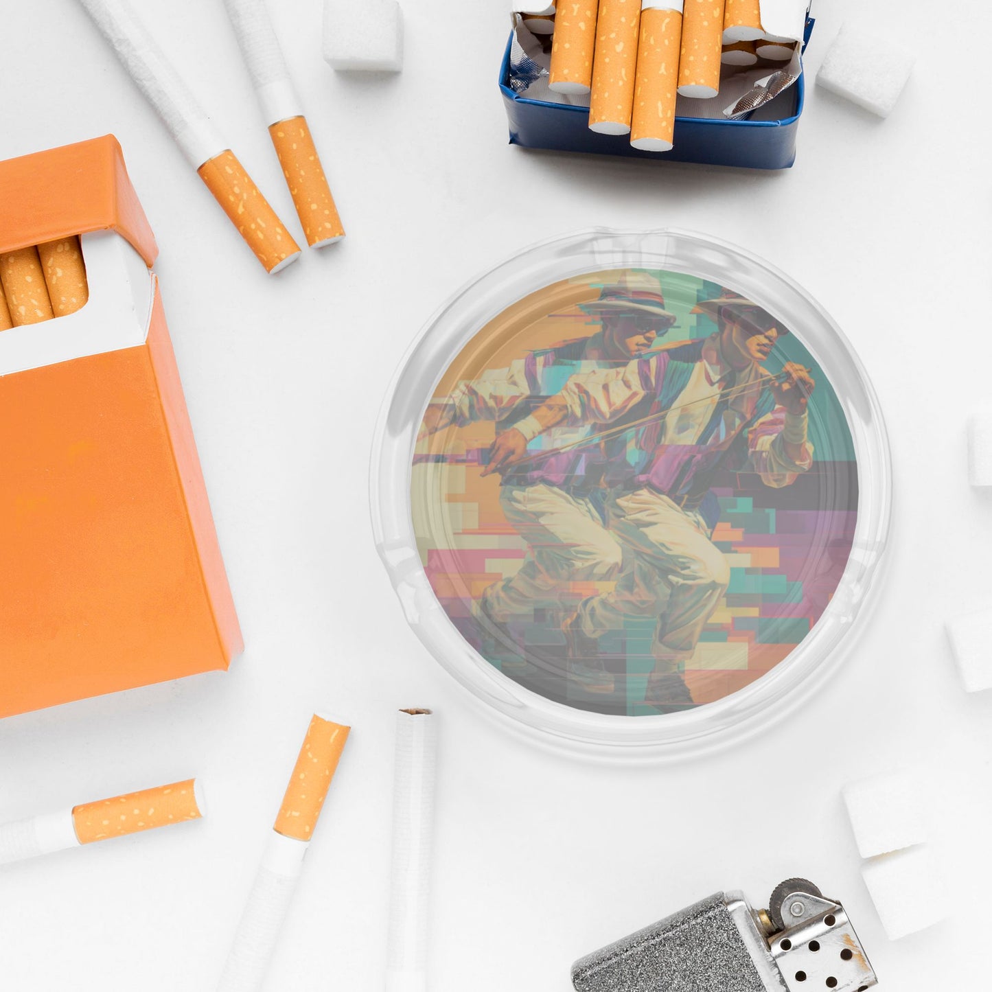 Trendy Artistic Figure Printed Round Glass Ashtray, Creative Home & Office Decor Ashtray (Diameter 8.5cm)