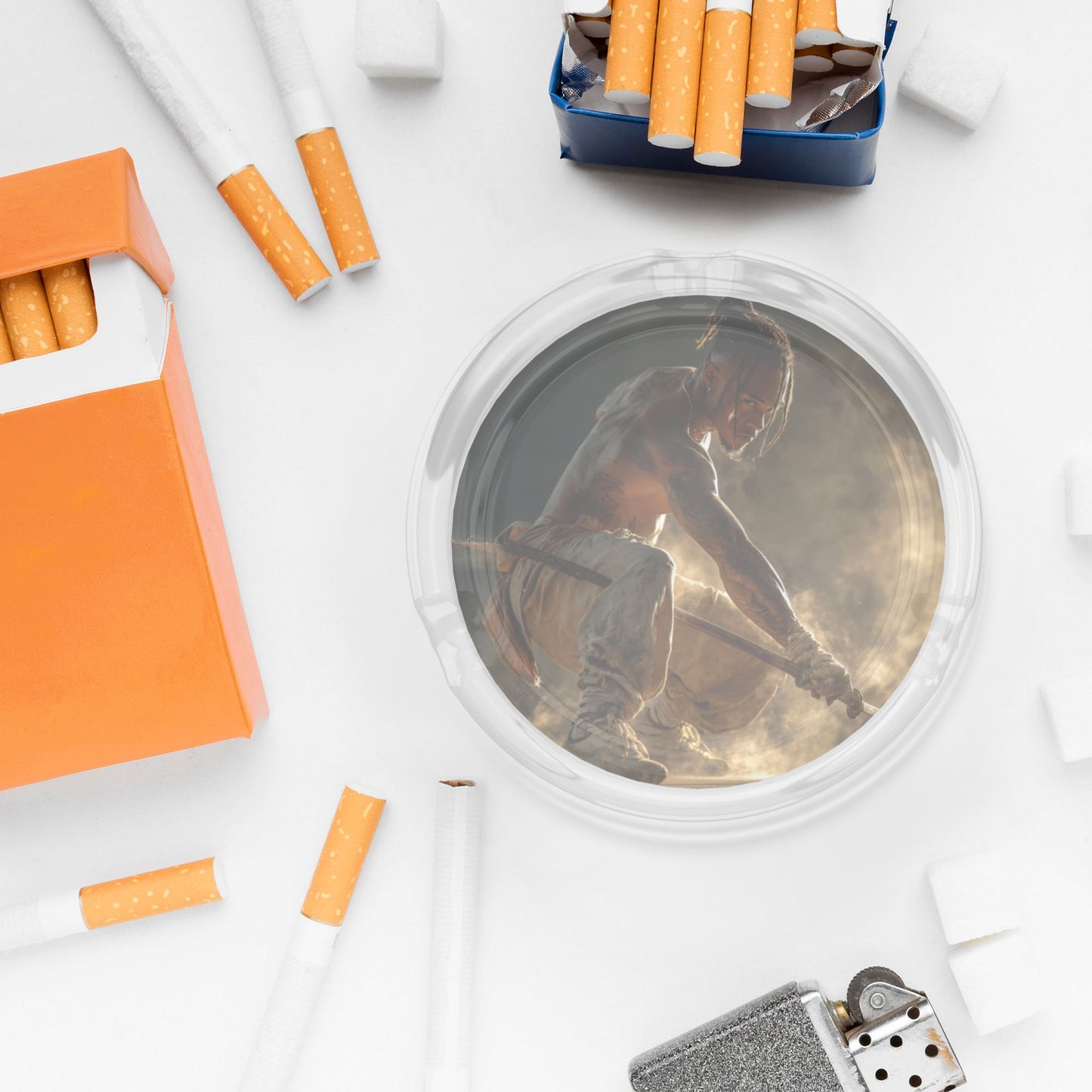 Creative Character - Printed Round Glass Ashtray, Home & Office Decor Ashtray (Diameter 8.5cm)