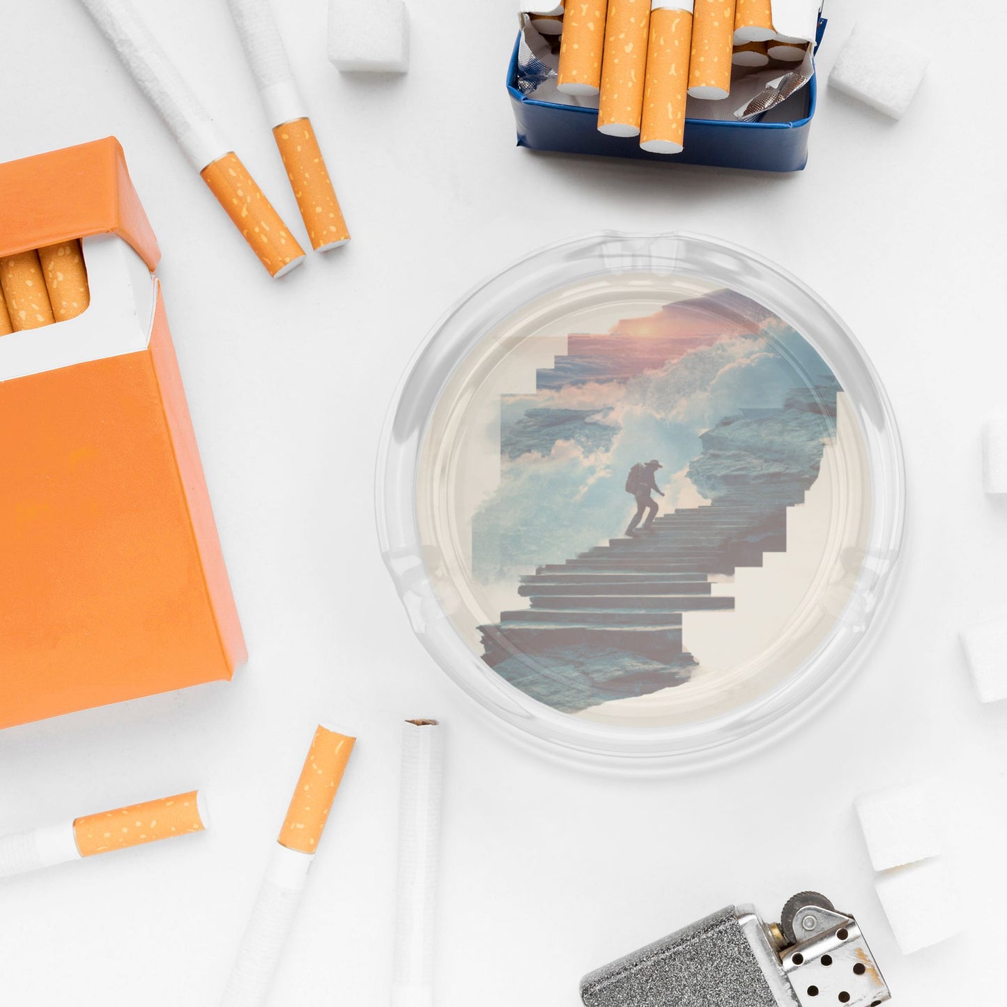 Creative Landscape Illustration Round Glass Ashtray, Home & Office Art Decor Ashtray (Diameter 8.5cm)