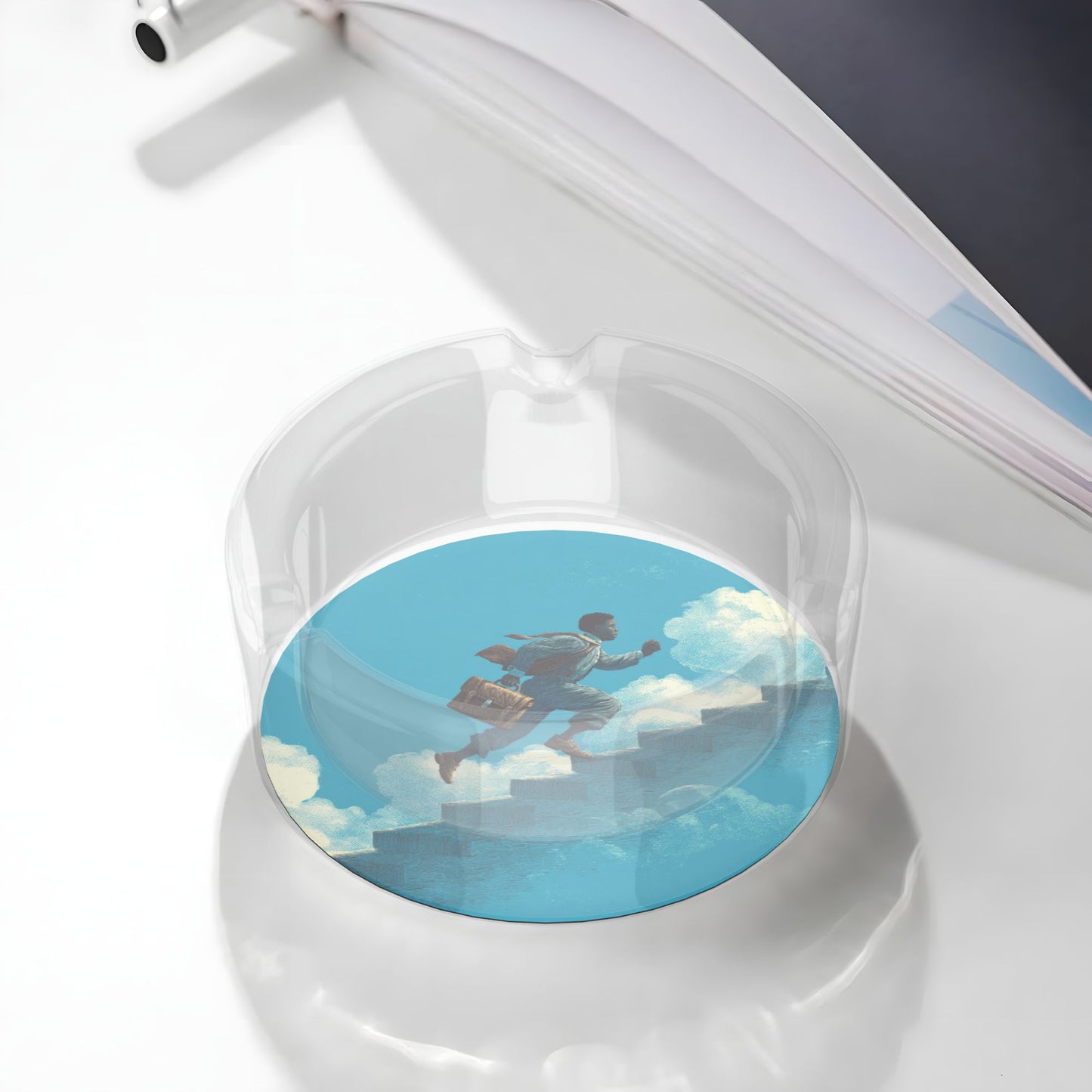 Inspirational Staircase Illustration Round Glass Ashtray, Creative Art Home & Office Decor Ashtray (Diameter 8.5cm)