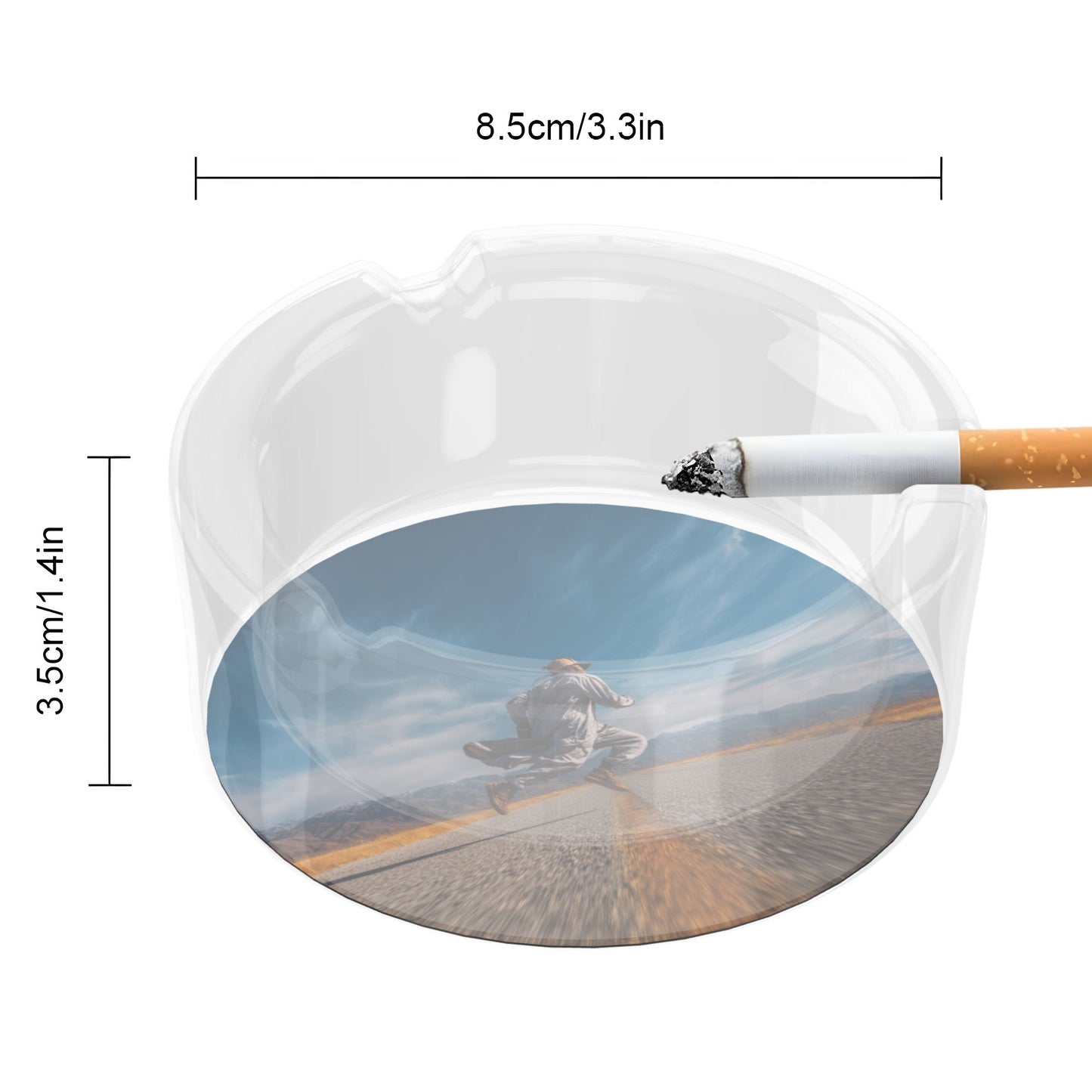 Road Running Art Printed Round Glass Ashtray, Creative Home & Office Decor Ashtray (Diameter 8.5cm)