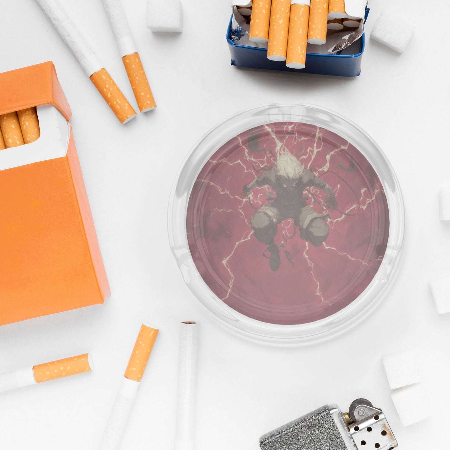 Anime Character Lightning Effect Printed Round Glass Ashtray, Creative Trendy Home & Office Decor Ashtray (Diameter 8.5cm)